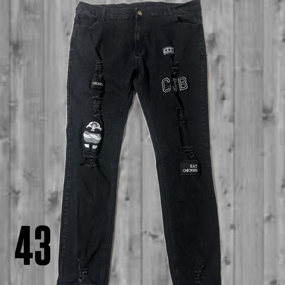 Men’s Streetwear Black Ripped Patchwork Pants - 2X, Heavy Stretch    (43)